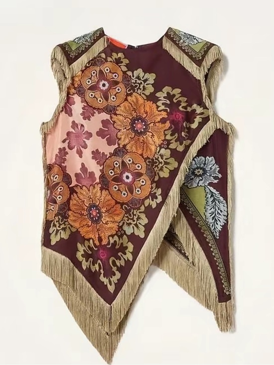 Tops - Multicolored satin floral print fringe top